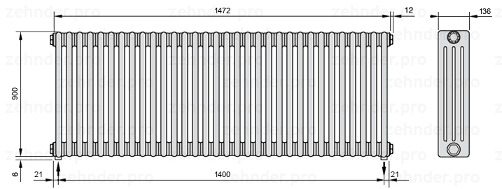 Схема (чертеж) Радиатор Zehnder Charleston 4090/32 №5310 Белый глянцевый RAL 9016